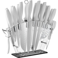 19-Piece White Kitchen Knife Set with Acrylic Block – German Stainless Steel, Chef & Steak Knives