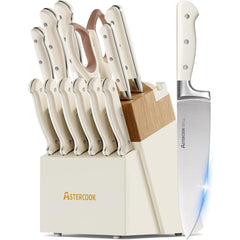 4-Piece Kitchen Knife Set with Block & Sharpener – Stainless Steel, Dishwasher Safe, Cream White