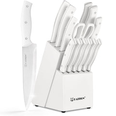 15-Piece White Kitchen Knife Set with Built-In Sharpening Stone, Ergonomic Triple Rivet Fixed Handles, Dishwasher Safe