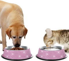 Handmade Bling Rhinestone Dog Bowls - Pink, 640ML Stainless Steel Double Food and Water Feeder Set for Puppies, Cats, and Dogs