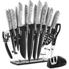 19-Piece Stainless Steel Kitchen Knife Set with Acrylic Stand – Wood-Texture Handles, Scissors, Peeler & Sharpener