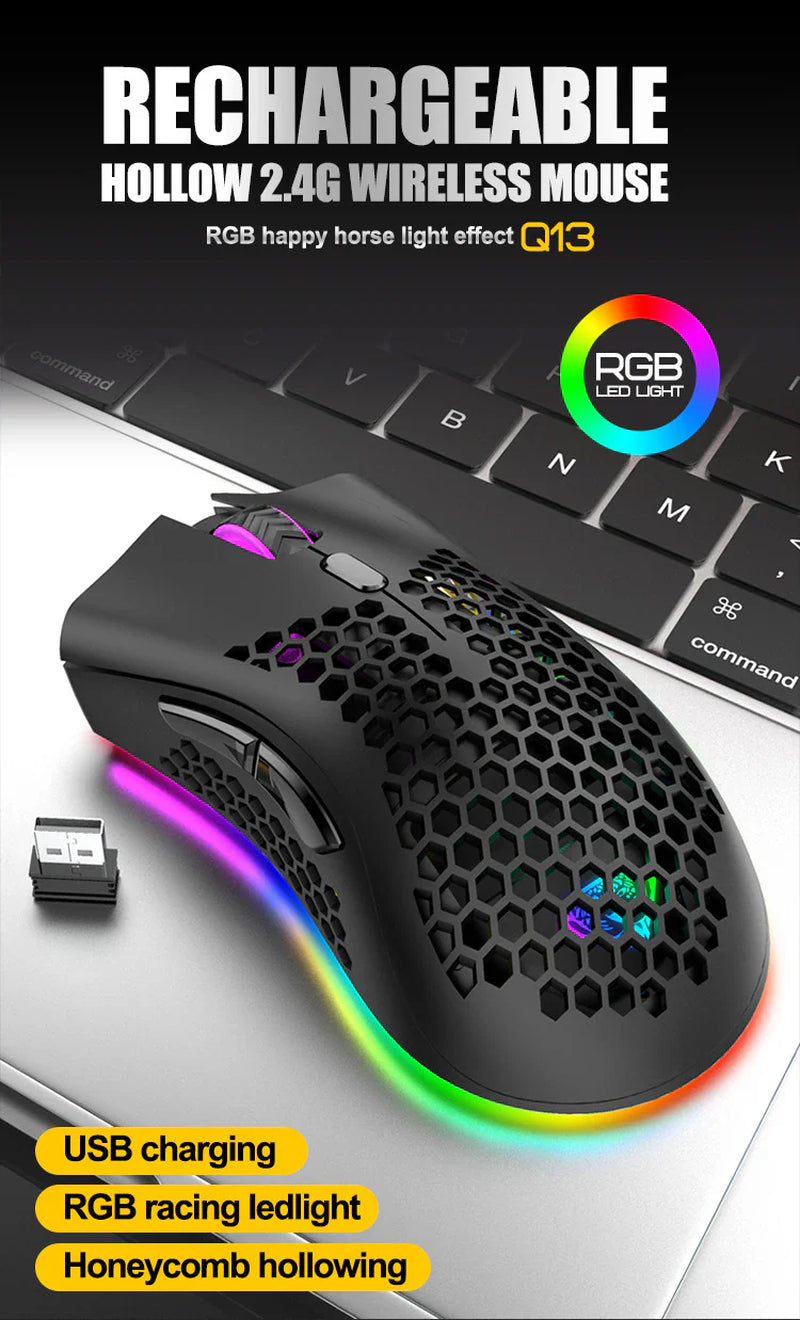 Ultralight Rechargeable Optical Cordless Gaming Mouse, RGB Backlit - 2.4G Wireless, Ergonomic - for PC & Mac