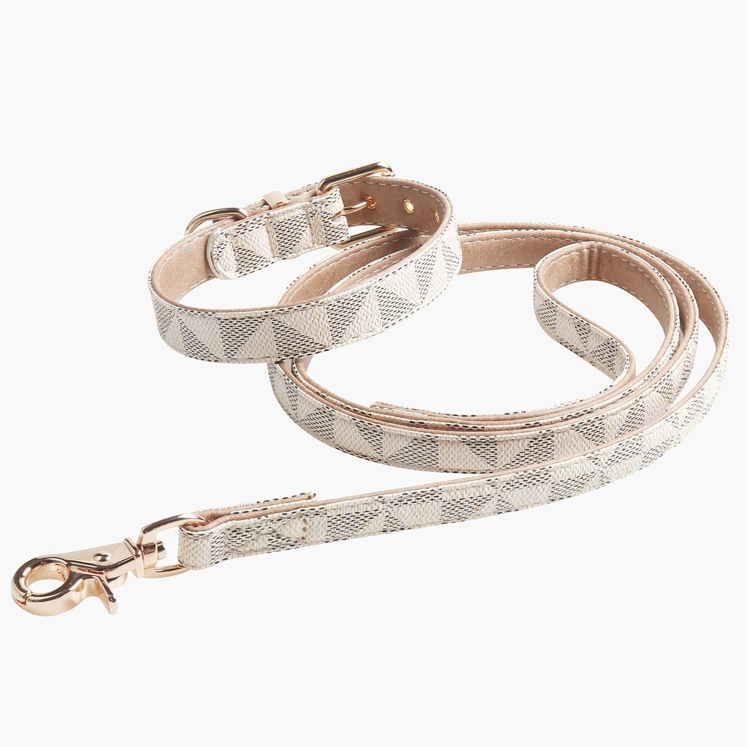 Dog Leather Collar and 4 Ft Leash,  Adjustable Basic Collar with Bell Leather Pet Leash Set, Checkered Pattern Durable Leather Collar and Leash with Metal Buckle for Small Medium Large Dogs