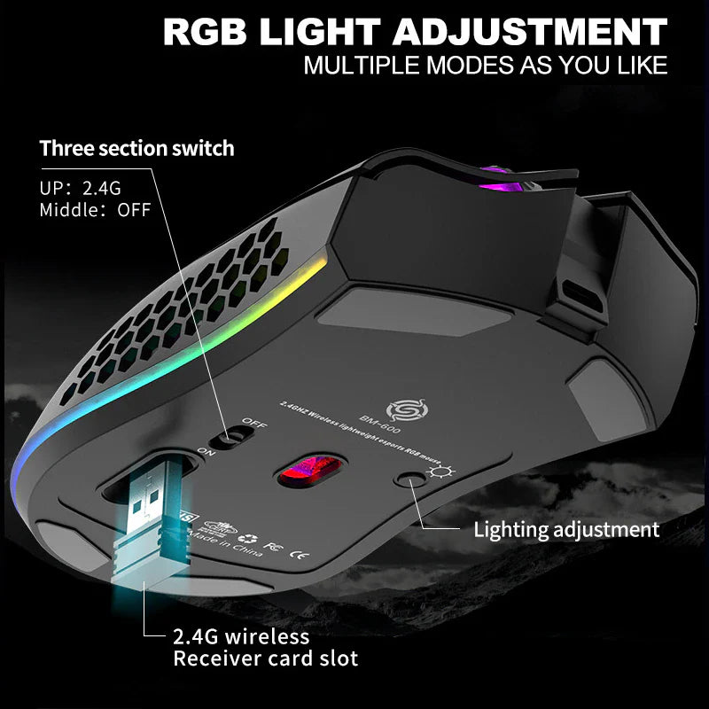 Ultralight Rechargeable Optical Cordless Gaming Mouse, RGB Backlit - 2.4G Wireless, Ergonomic - for PC & Mac