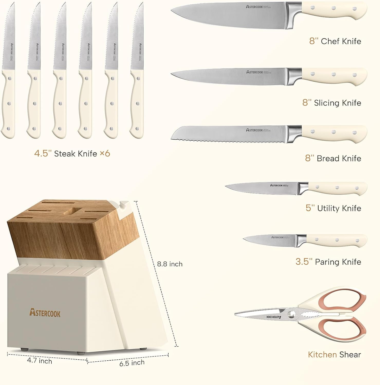 Knife Set, Kitchen Knife Set with Block 14-Piece Full Tang Stainless Steel Knives with Sharpener Dishwasher Safe and Anti-Slip Ergonomic Handle Elegant Cream White Utensils Set