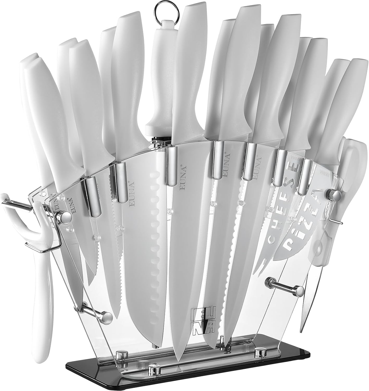 Knife Block Set, 19 PCS White Kitchen Knife Set with Acrylic Block and Sharpener, German High-Carbon Stainless Steel Knife Sets with 6 Serrated Steak Knives, Chef Knife, Dishwasher Safe