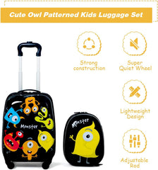 Kids Luggage, 12" Toddler Backpack & 16" Travel Suitcase with Wheels, Lightweight Toddler Girls Suitcase, Durable ABS Hardshell, 2Pcs Carry on Luggage Set for Boys Girls, Black Monster