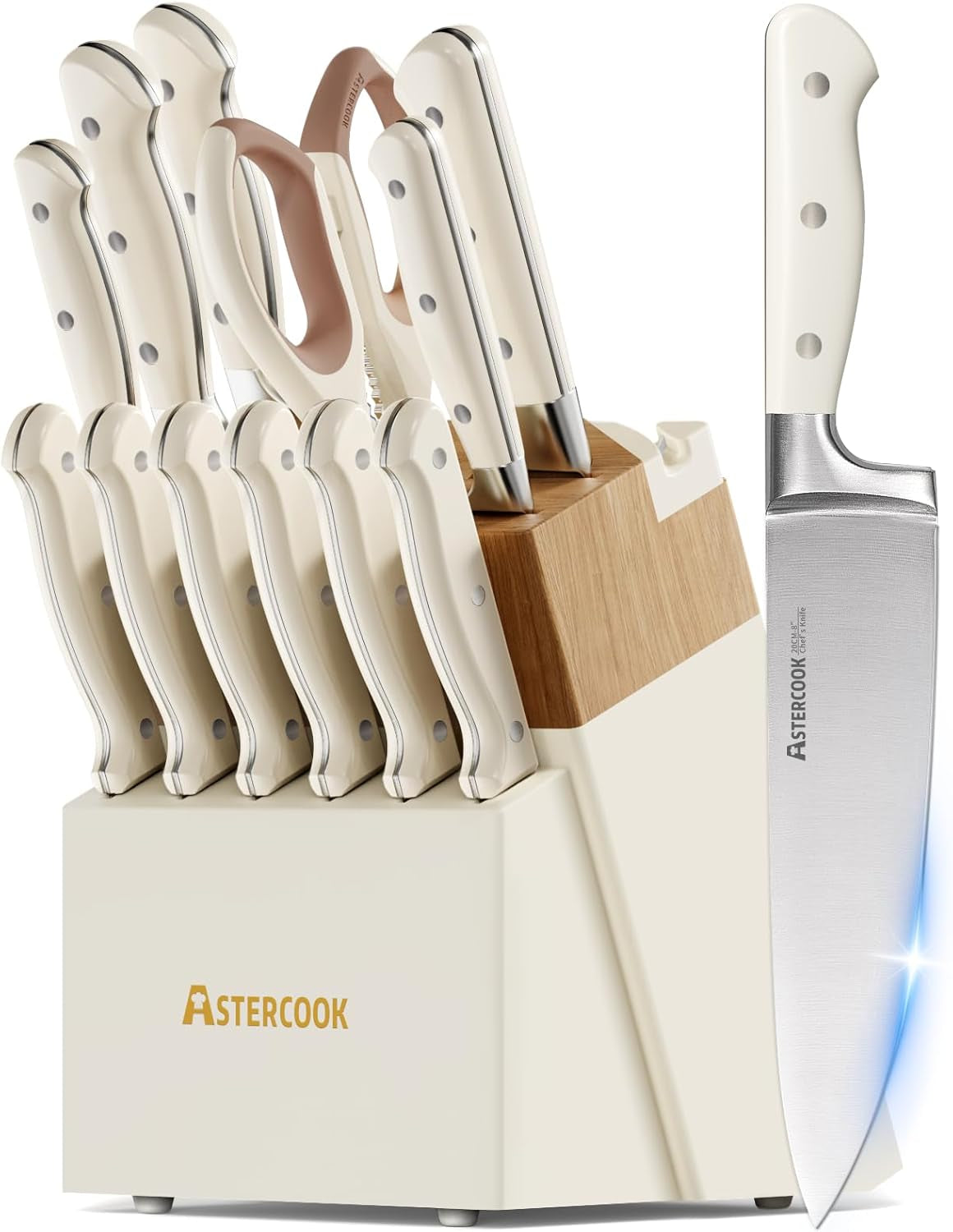 Knife Set, Kitchen Knife Set with Block 14-Piece Full Tang Stainless Steel Knives with Sharpener Dishwasher Safe and Anti-Slip Ergonomic Handle Elegant Cream White Utensils Set