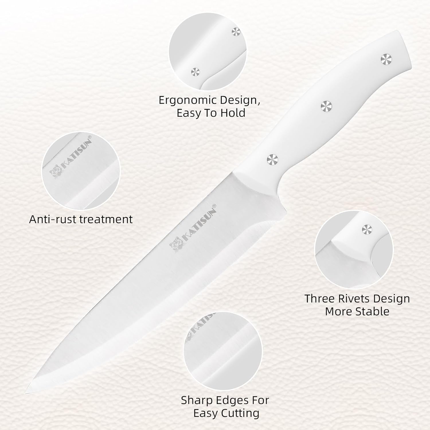 15-Piece White Kitchen Knife Set with Built-In Sharpening Stone, Ergonomic Triple Rivet Fixed Handles, Dishwasher Safe