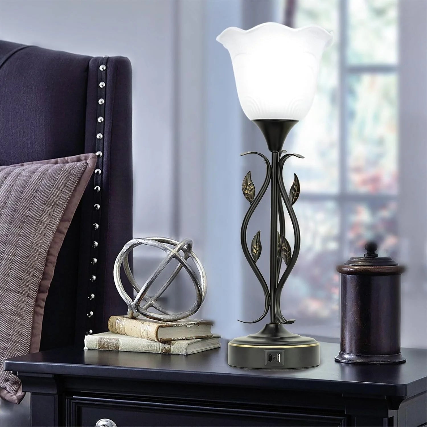 Table Lamp,Bedside Lamps Set of 2, Table Lamp with USB Port 3 Way Dimmable Touch Lamp Torchiere Nightstand Lamps with Rustic Vines Leaf and Glass Flower Shade Lamp for Bedroom, Living Room, Office