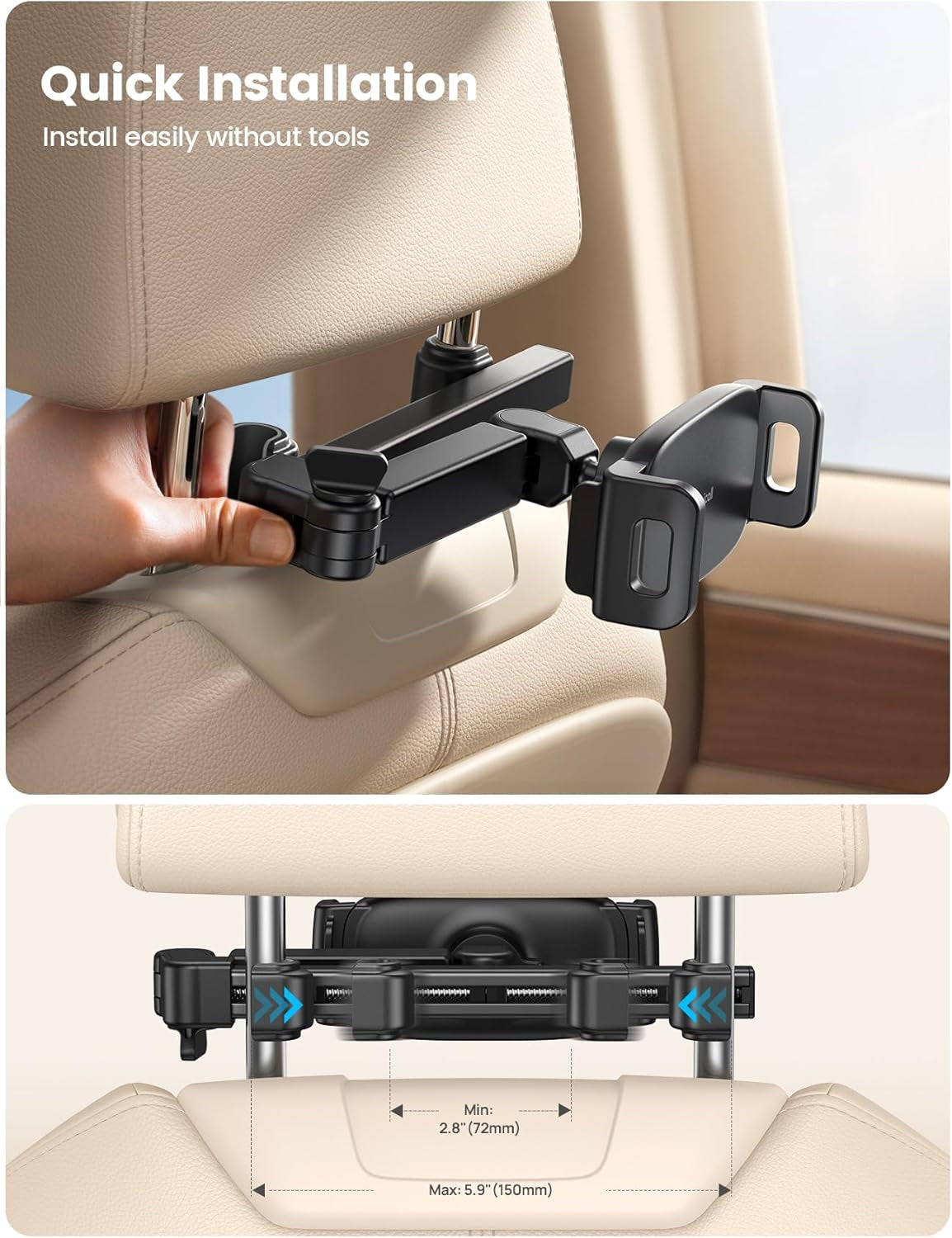 Car Headrest Tablet Holder - [3 in 1 Extension Arm] Adjustable Tablet Car Mount for Back Seat, Gifts Road Trip Essentials for Kids, for 4.7-11" Device like Ipad Pro, Air, Mini, Galaxy, Fire