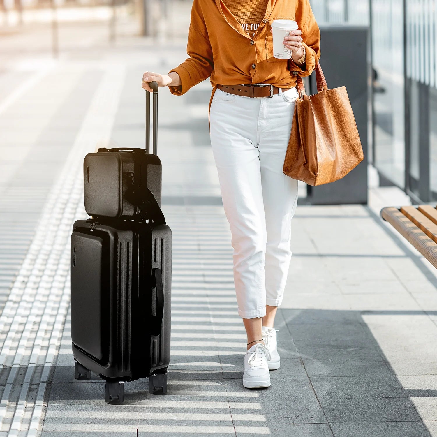 22" Hardside Carry on Luggage 22X14X9 Airline Approved and Expandable Luggage, Front Pocket Luggage Set Spinner Suitcase Set, Black