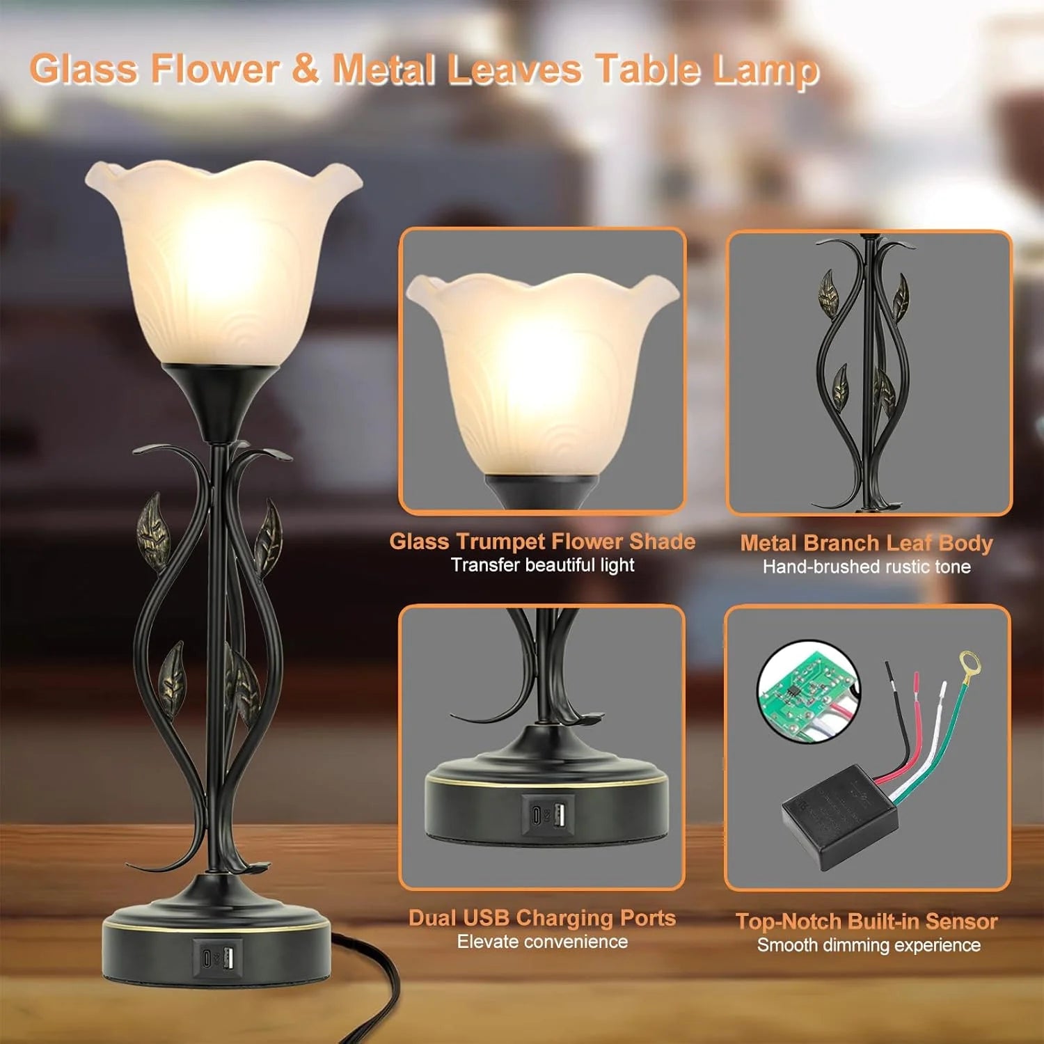Table Lamp,Bedside Lamps Set of 2, Table Lamp with USB Port 3 Way Dimmable Touch Lamp Torchiere Nightstand Lamps with Rustic Vines Leaf and Glass Flower Shade Lamp for Bedroom, Living Room, Office