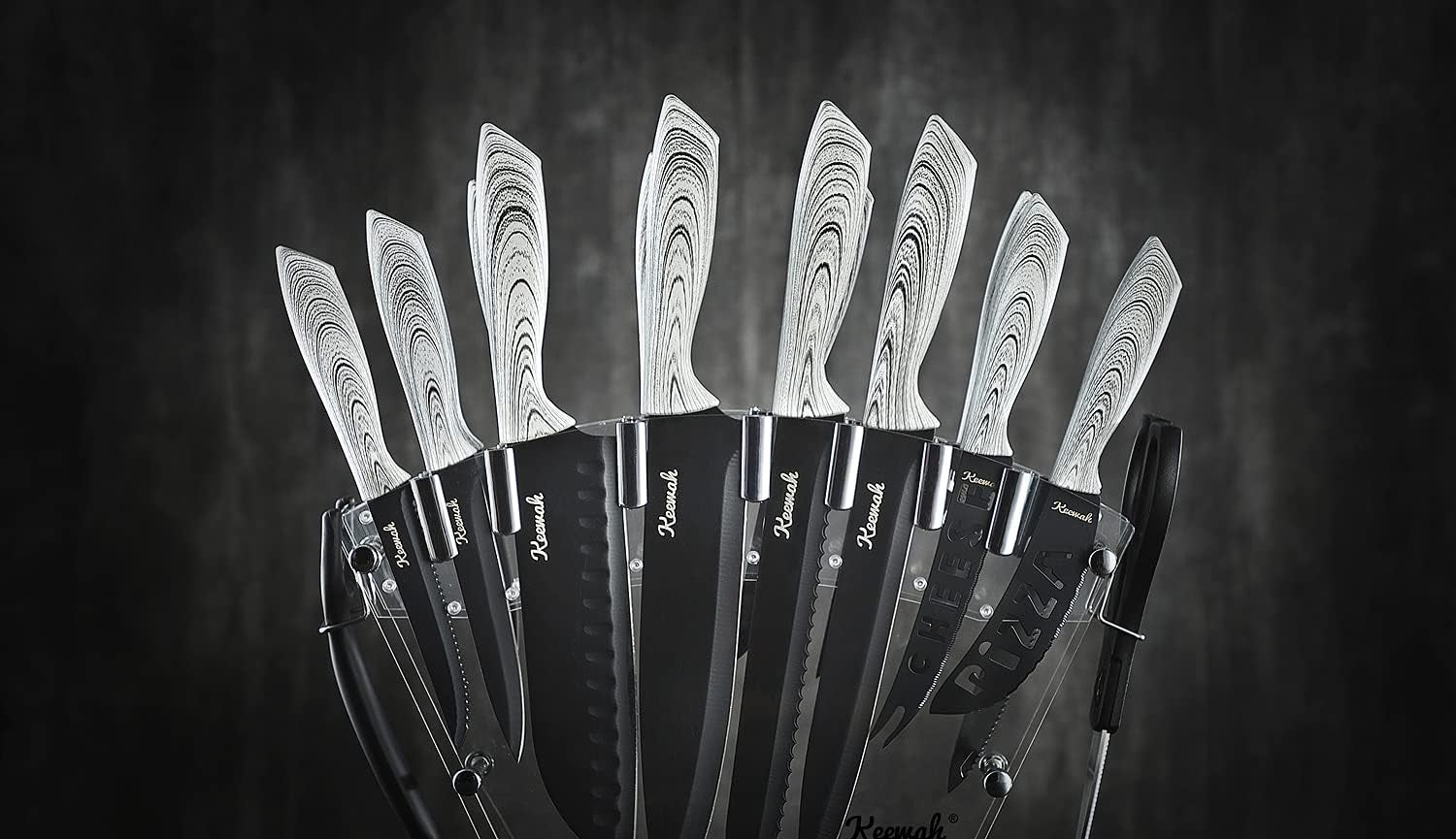 19 Pieces Kitchen Knife Set, 15 Stainless Steel Knives with Wood Texture Handle, Acrylic Stand, Scissors, Peeler and Knife Sharpener