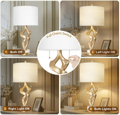 Sculptural Table Lamp Set of 2 with USB Ports for Bedroom Living Room, 26” Gold Leaf Marble Base Bedside Lamps, Pull Chains Switch Modern Nightstand Lamp for Home Room Decor (Bulbs Included)