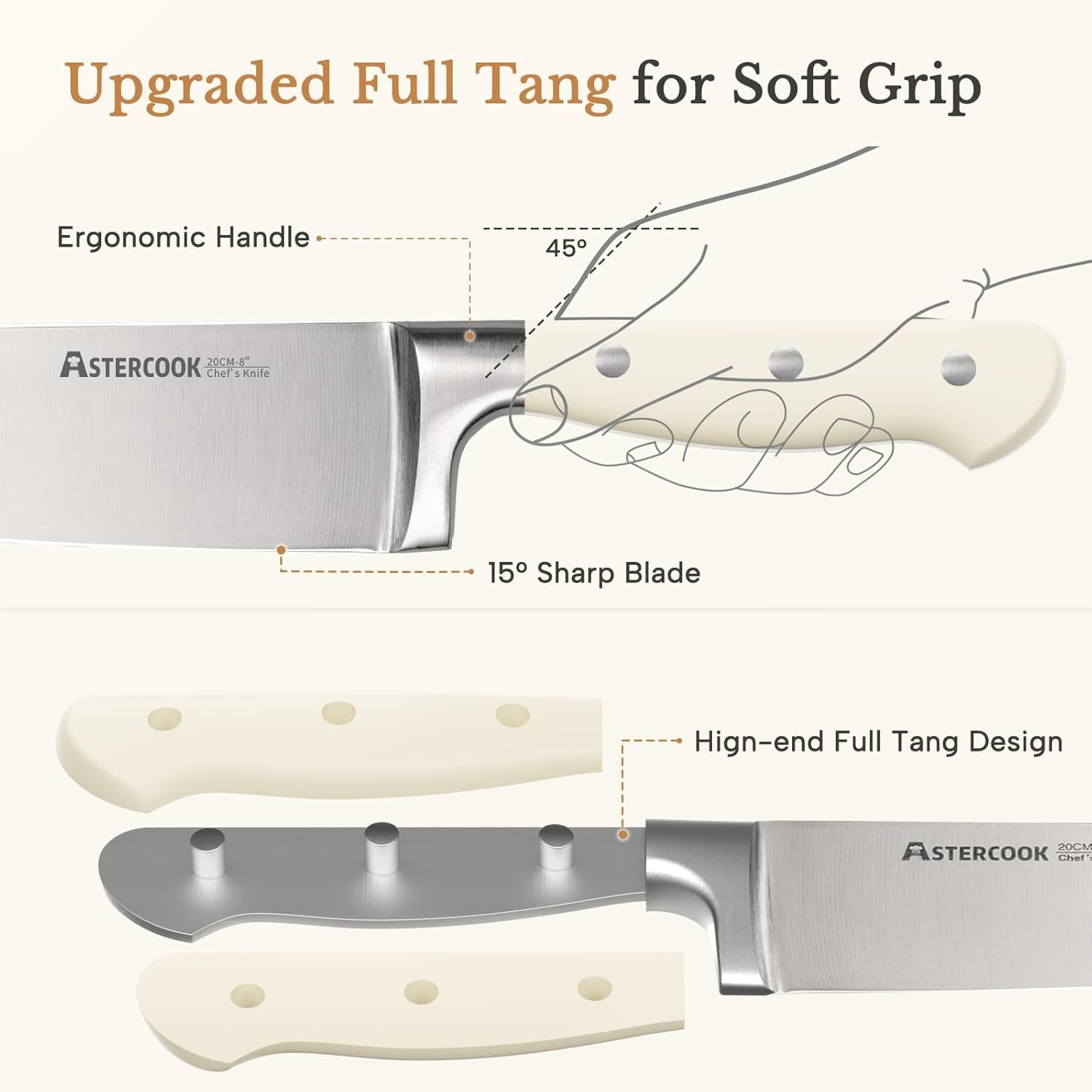 Knife Set, Kitchen Knife Set with Block 14-Piece Full Tang Stainless Steel Knives with Sharpener Dishwasher Safe and Anti-Slip Ergonomic Handle Elegant Cream White Utensils Set