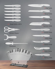 Knife Block Set, 19 PCS White Kitchen Knife Set with Acrylic Block and Sharpener, German High-Carbon Stainless Steel Knife Sets with 6 Serrated Steak Knives, Chef Knife, Dishwasher Safe