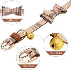 3 PCS Dog Collars for Small Puppy Collar and Leash Set, Bow Tie with Bell, Bandana Leather for Small Dogs Puppies and Cats(Beige)