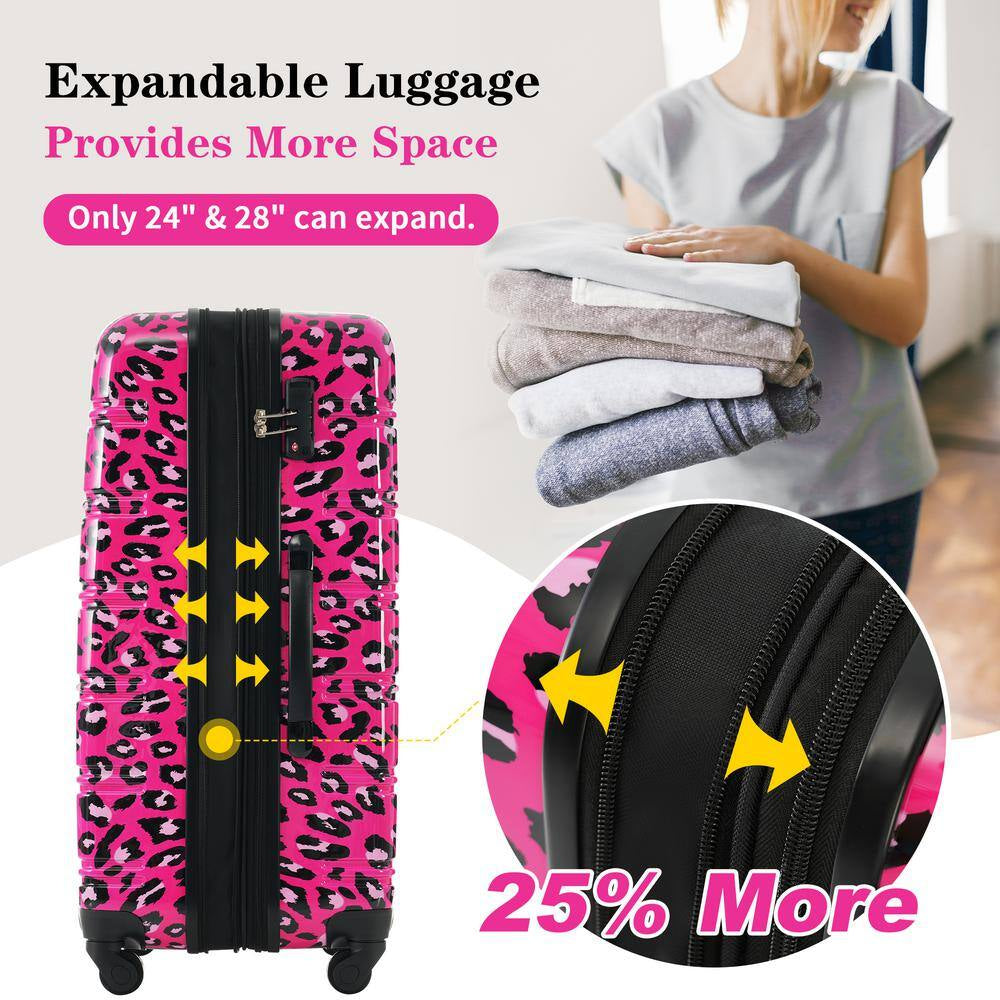 3-Piece Hot Pink Leopard Hard-shell Spinner Luggage Set with TSA Lock, Lightweight Rolling Suitcases, 20/24/28 Inch