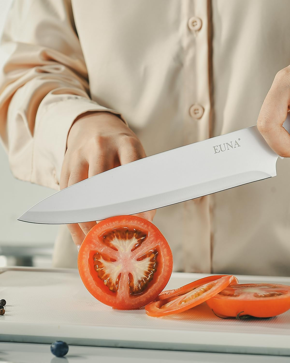 Knife Block Set, 19 PCS White Kitchen Knife Set with Acrylic Block and Sharpener, German High-Carbon Stainless Steel Knife Sets with 6 Serrated Steak Knives, Chef Knife, Dishwasher Safe
