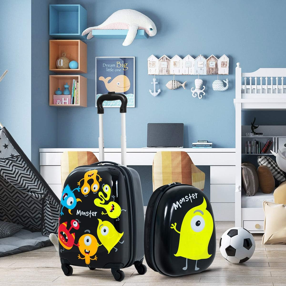 Kids Luggage, 12" Toddler Backpack & 16" Travel Suitcase with Wheels, Lightweight Toddler Girls Suitcase, Durable ABS Hardshell, 2Pcs Carry on Luggage Set for Boys Girls, Black Monster