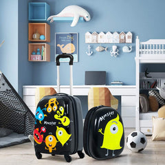 Kids Luggage, 12" Toddler Backpack & 16" Travel Suitcase with Wheels, Lightweight Toddler Girls Suitcase, Durable ABS Hardshell, 2Pcs Carry on Luggage Set for Boys Girls, Black Monster