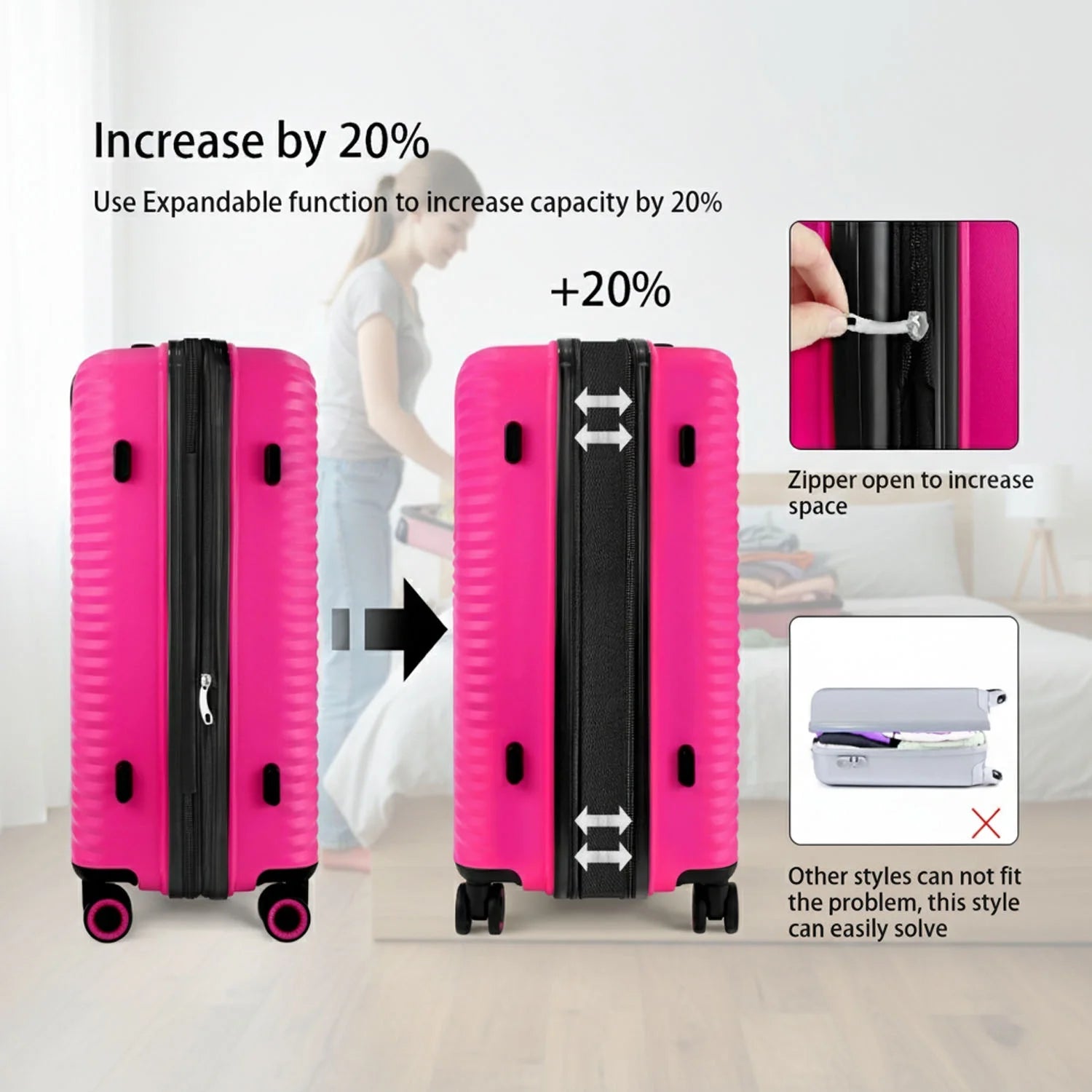 3 Piece Hardside Luggage Set Expandable Suitcase with Spinner Wheels,Lightweight Hardshell Suitcase Set 20In24In28In, Pink, SQ249
