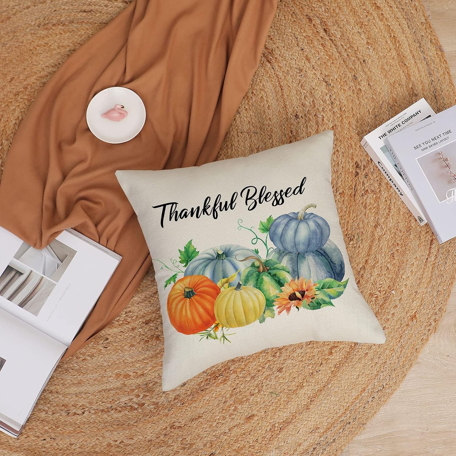 Fall Pillow Covers 16X16 Set of 4 Thanksgiving Autumn Decorative Pillow Covers Blue Fall Pumpkin Gnome Truck Cushion Covers Pillow Cases for Home Outdoor Couch Sofa Decorations (16 Inch)