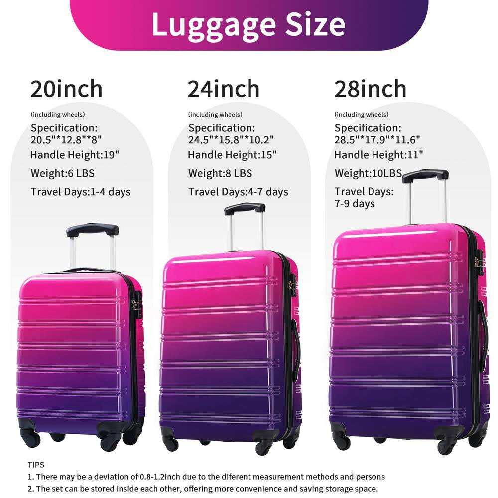 3-Piece Purple and Pink Gradient Hardside Spinner Luggage Set with TSA Lock (20/24/28 Inch)