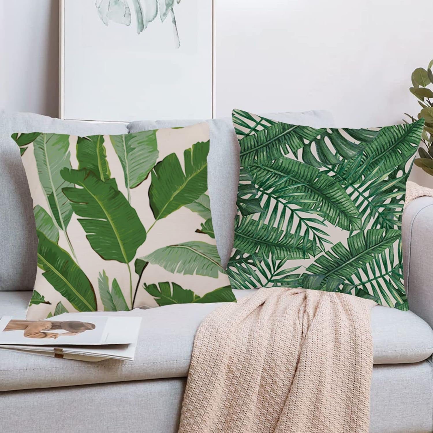 Pack of 4 Green Tropical Leaves Throw Pillow Cover Summer Palm Tree Leaf Outdoor Decorative Linen Square Cushion Cover with Hidden Zipper for Sofa Bed Couch Car Living Room Decor 18X18 Inch