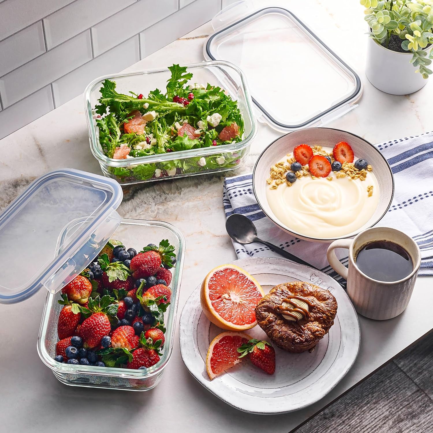 40Pc Set Glass Food Storage Containers & Bowls with Airtight Lids - Leakproof Bpa-Free Meal Prep Airtight Stackable Lunch Boxes, Kitchen Pantry & Storage Organizers - Microwave Freezer Dishwasher Safe