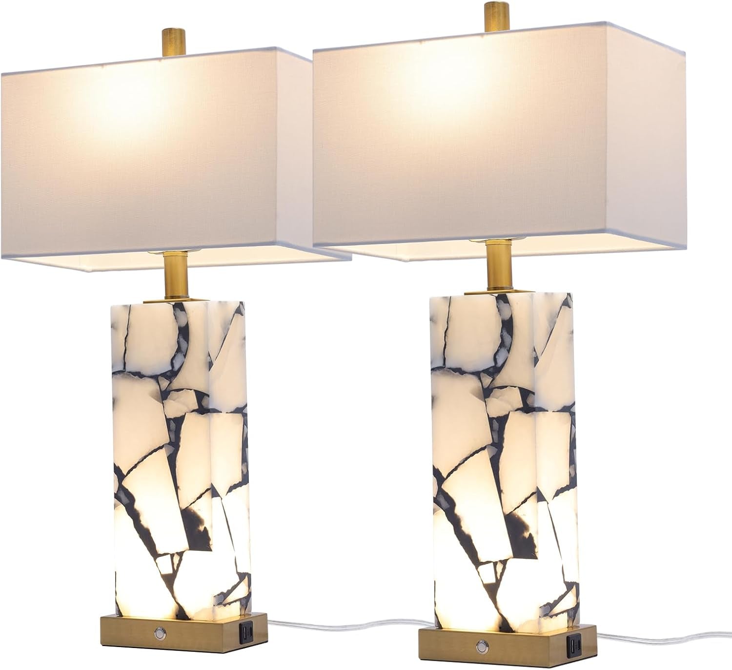 Natural Marble Table Lamps Set of 2: 3-Color Temperatures Alabaster Lamp with Nightlight, Bedside Lamps with USB Ports, Bedroom Lamps for Night Stands End Table Lamps for Living Room, Bulbs Included