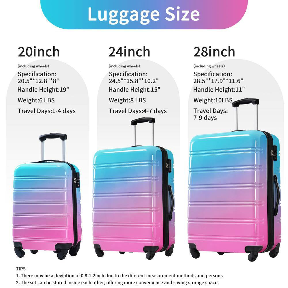 3-Piece Blue and Red Gradient Hardside Spinner Luggage Set with TSA Lock (20/24/28 Inch)