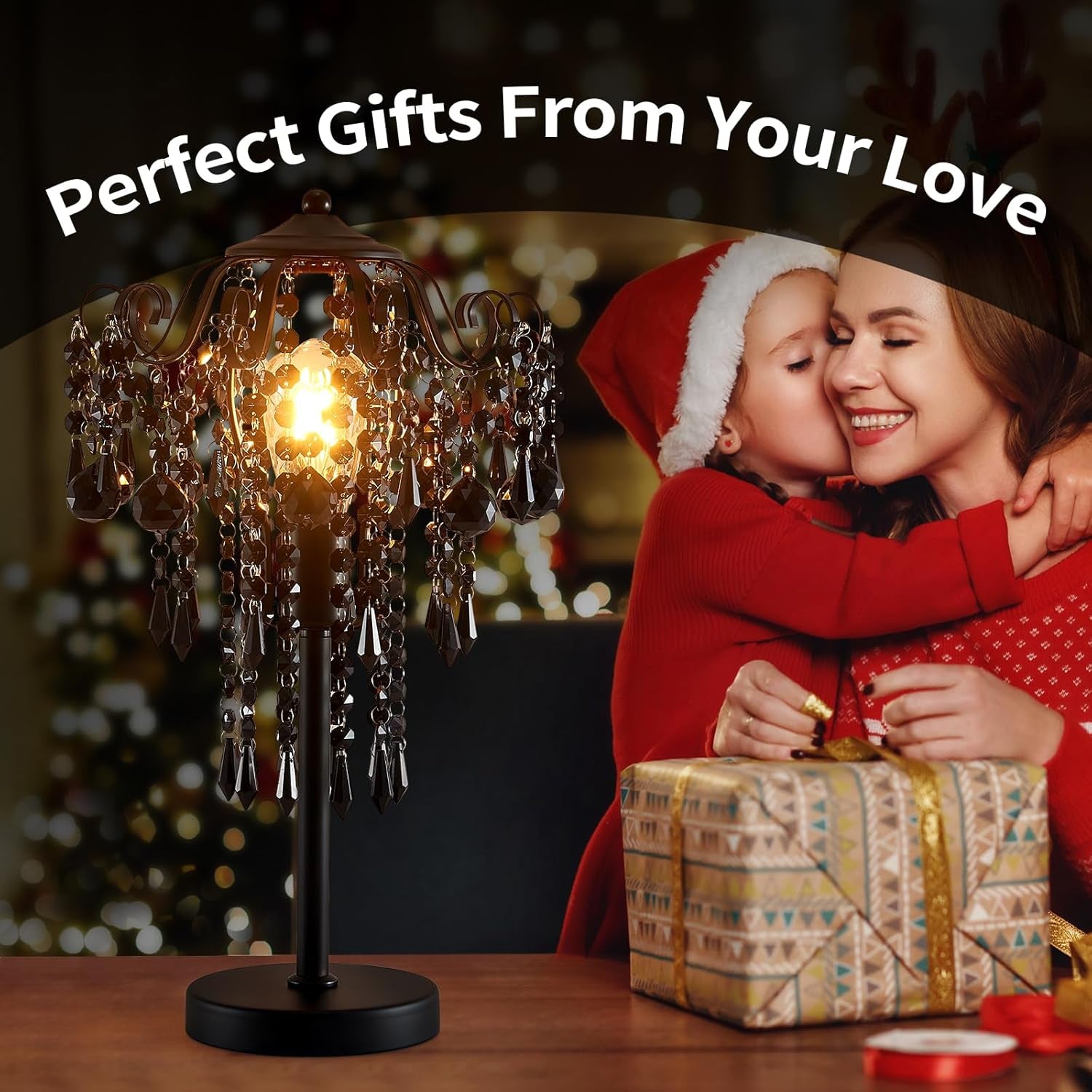 Small Black Crystal Table Lamp, 1-Light E26 Bedside Nightstand Lamp for Bedroom or Living Room