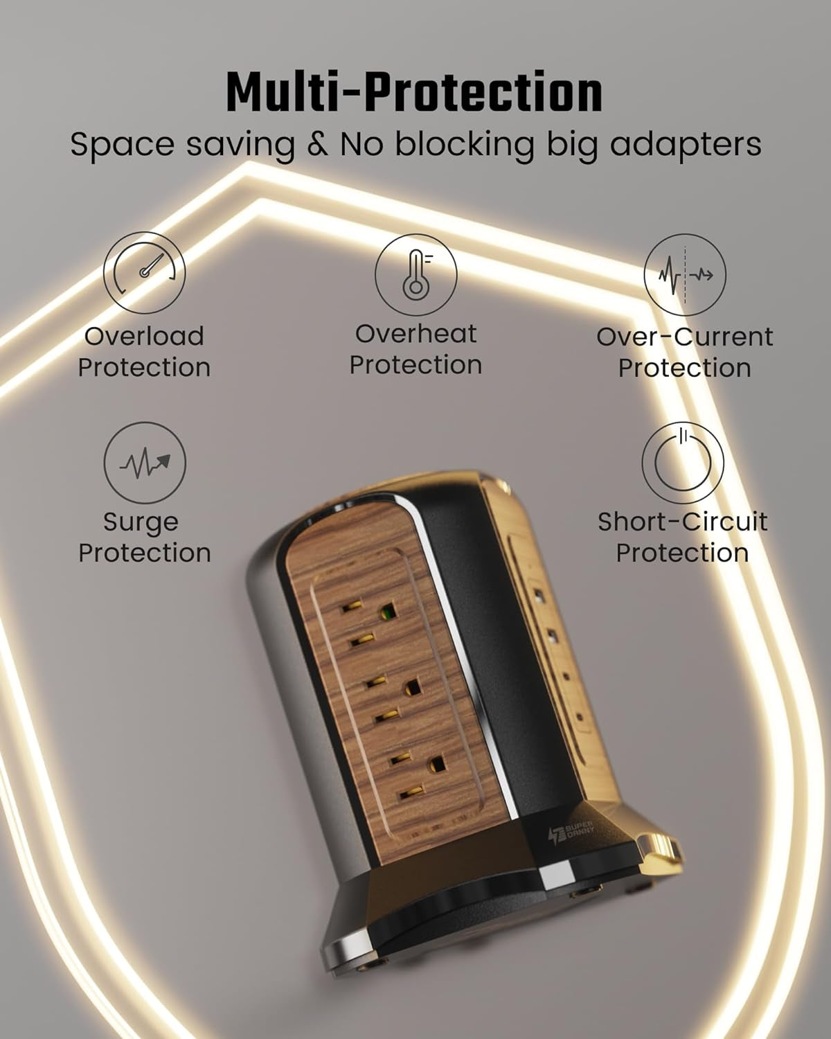 Tower Surge Protector – 9 Outlets, 4 USB (2 USB-C), 10 Ft Cord, 1080 J, Grounded, Brown