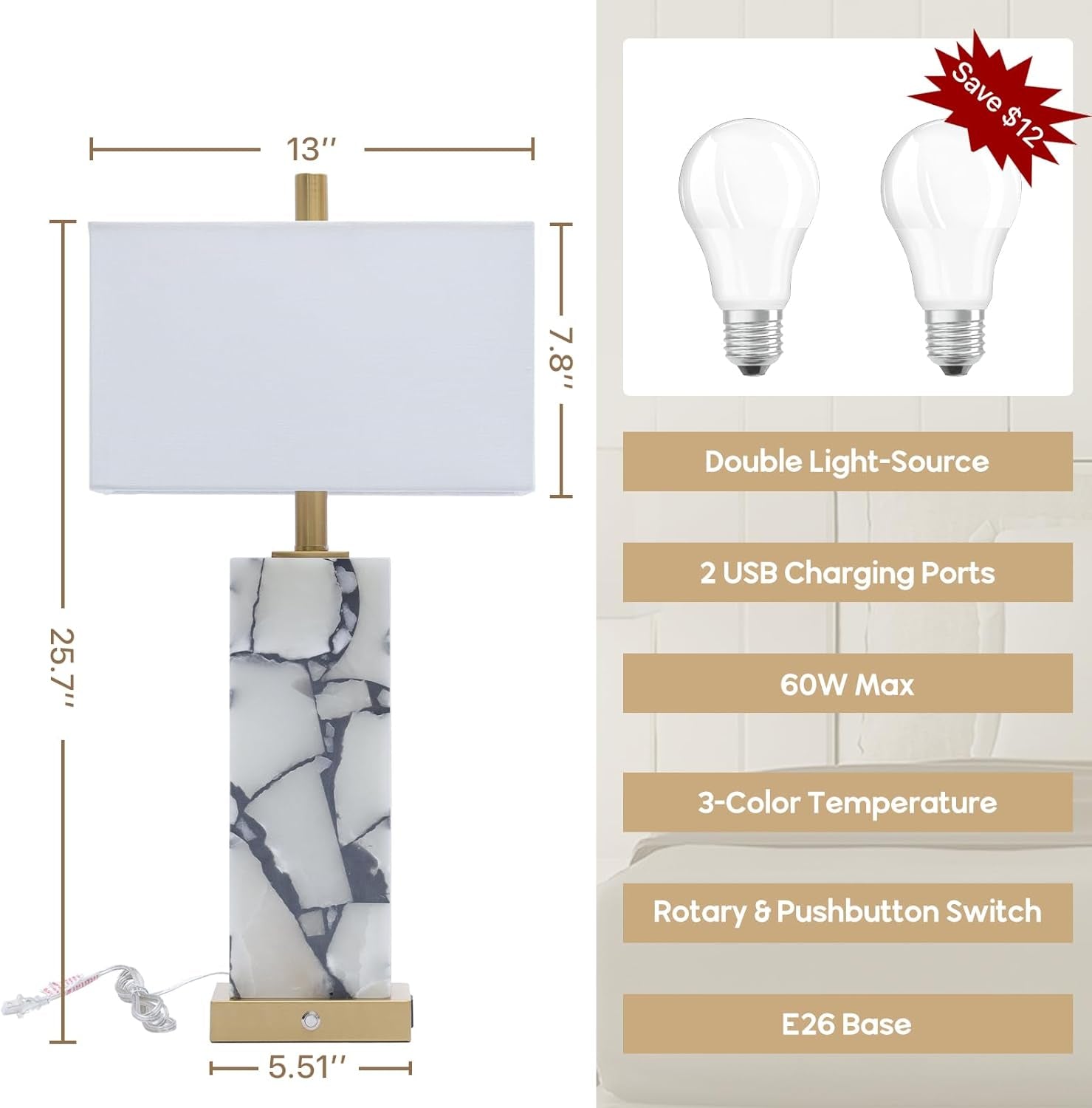 Natural Marble Table Lamps Set of 2: 3-Color Temperatures Alabaster Lamp with Nightlight, Bedside Lamps with USB Ports, Bedroom Lamps for Night Stands End Table Lamps for Living Room, Bulbs Included