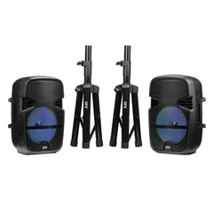 PBX-808TWS Dual 8-Inch Portable Bluetooth PA Speaker System with Stands, Wired Mics, Remotes, USB/FM/TWS/LED