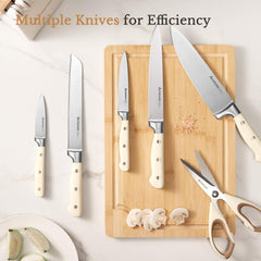 Knife Set, Kitchen Knife Set with Block 14-Piece Full Tang Stainless Steel Knives with Sharpener Dishwasher Safe and Anti-Slip Ergonomic Handle Elegant Cream White Utensils Set