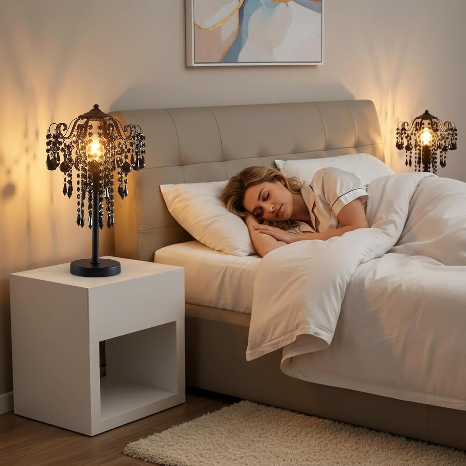 Small Black Crystal Table Lamp, 1-Light E26 Bedside Nightstand Lamp for Bedroom or Living Room