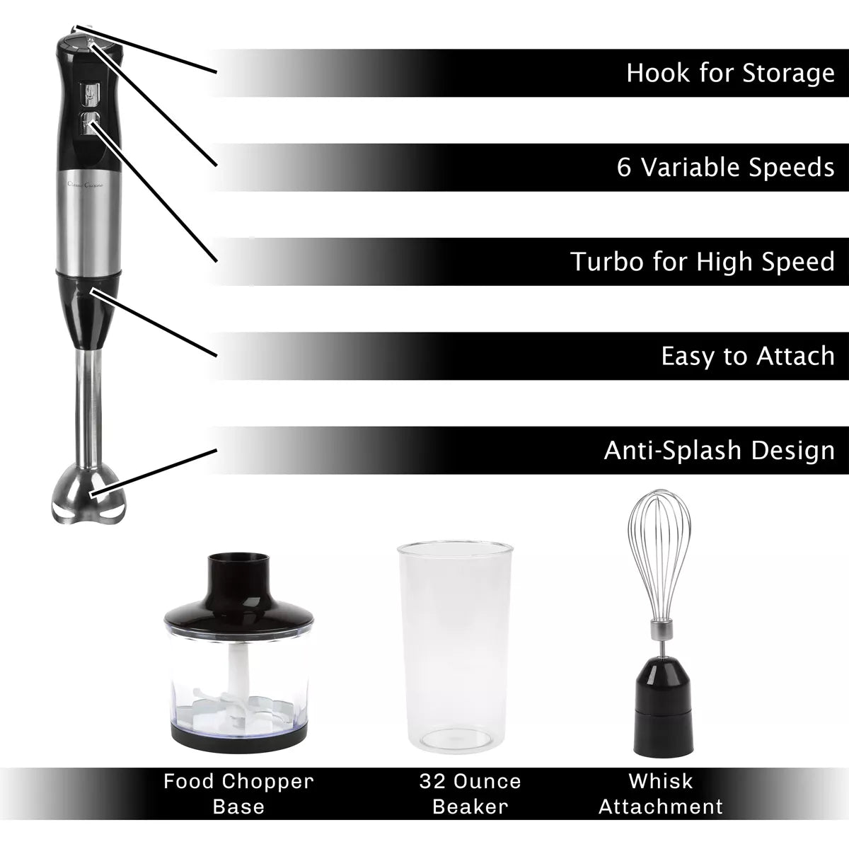 Hastings Home 4-In-1 6-Speed Anti-Splash Immersion Blender with Attachment Set