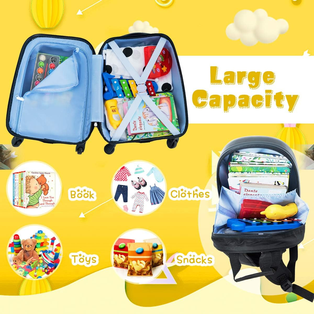 Kids Luggage, 12" Toddler Backpack & 16" Travel Suitcase with Wheels, Lightweight Toddler Girls Suitcase, Durable ABS Hardshell, 2Pcs Carry on Luggage Set for Boys Girls, Black Monster