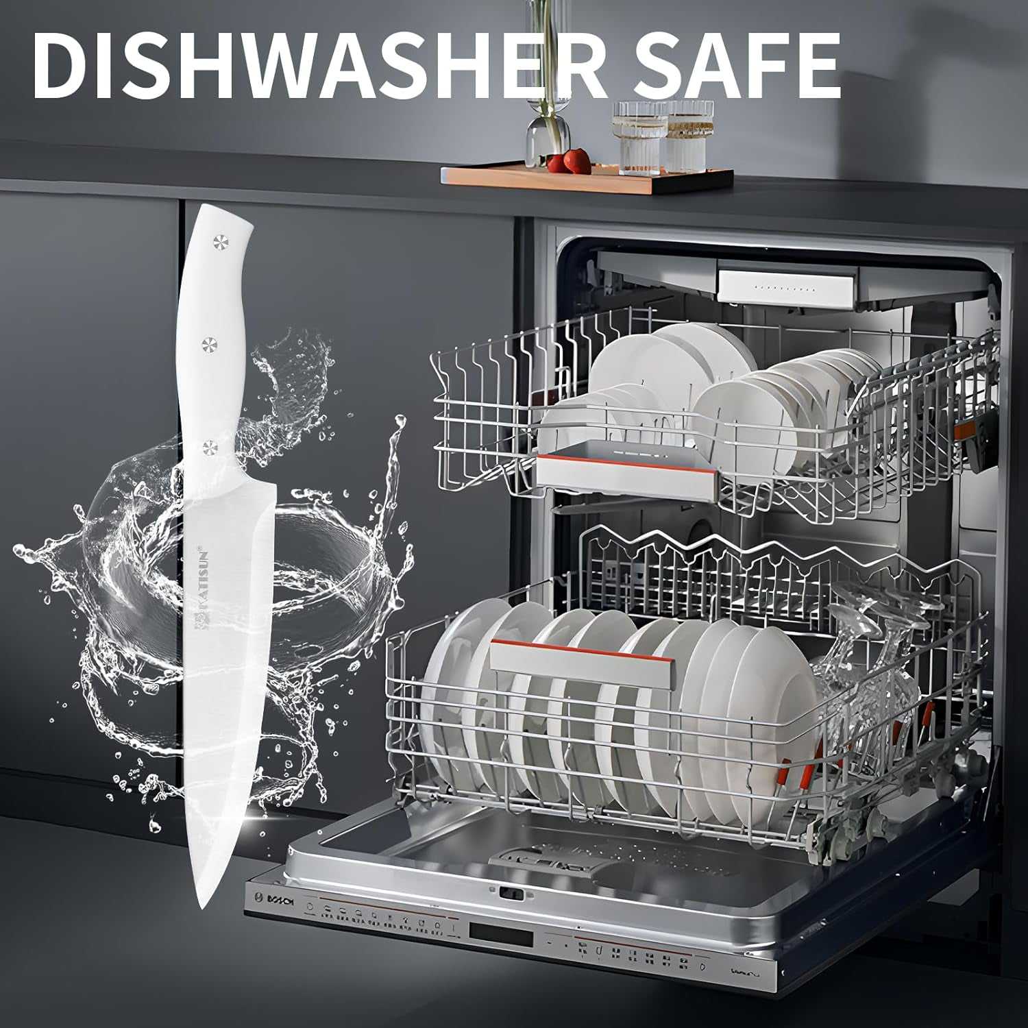 15-Piece White Kitchen Knife Set with Built-In Sharpening Stone, Ergonomic Triple Rivet Fixed Handles, Dishwasher Safe