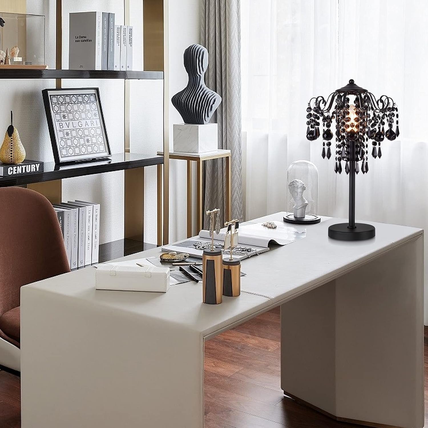 Small Black Crystal Table Lamp, 1-Light E26 Bedside Nightstand Lamp for Bedroom or Living Room