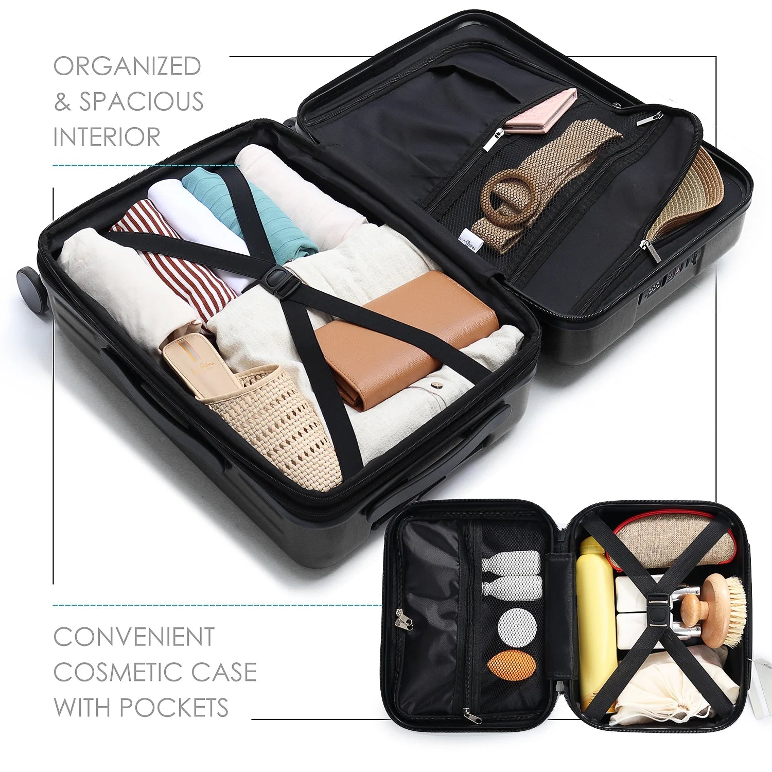 22" Hardside Carry on Luggage 22X14X9 Airline Approved and Expandable Luggage, Front Pocket Luggage Set Spinner Suitcase Set, Black