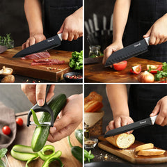 19 Pieces Kitchen Knife Set, 15 Stainless Steel Knives with Wood Texture Handle, Acrylic Stand, Scissors, Peeler and Knife Sharpener
