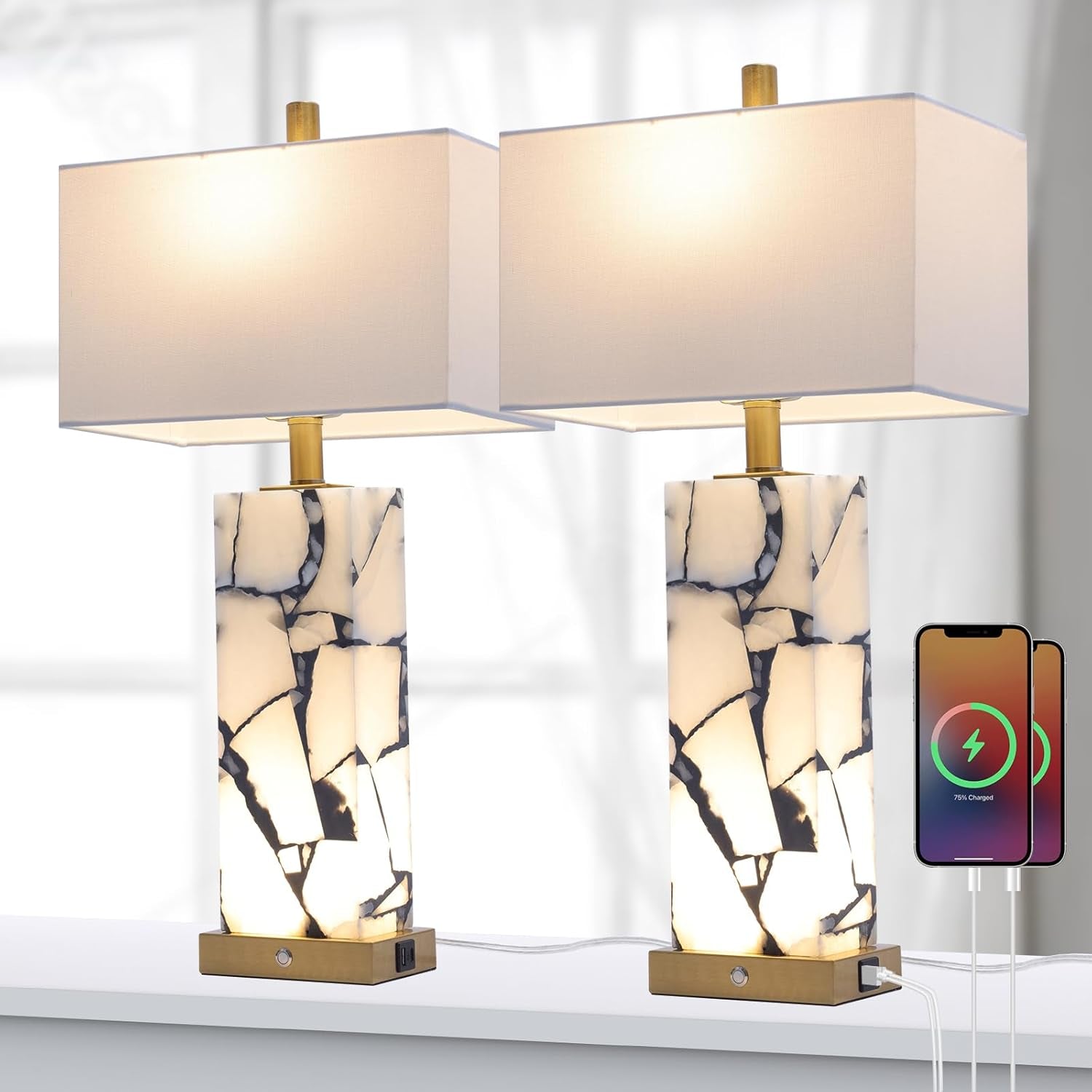 Natural Marble Table Lamps Set of 2: 3-Color Temperatures Alabaster Lamp with Nightlight, Bedside Lamps with USB Ports, Bedroom Lamps for Night Stands End Table Lamps for Living Room, Bulbs Included