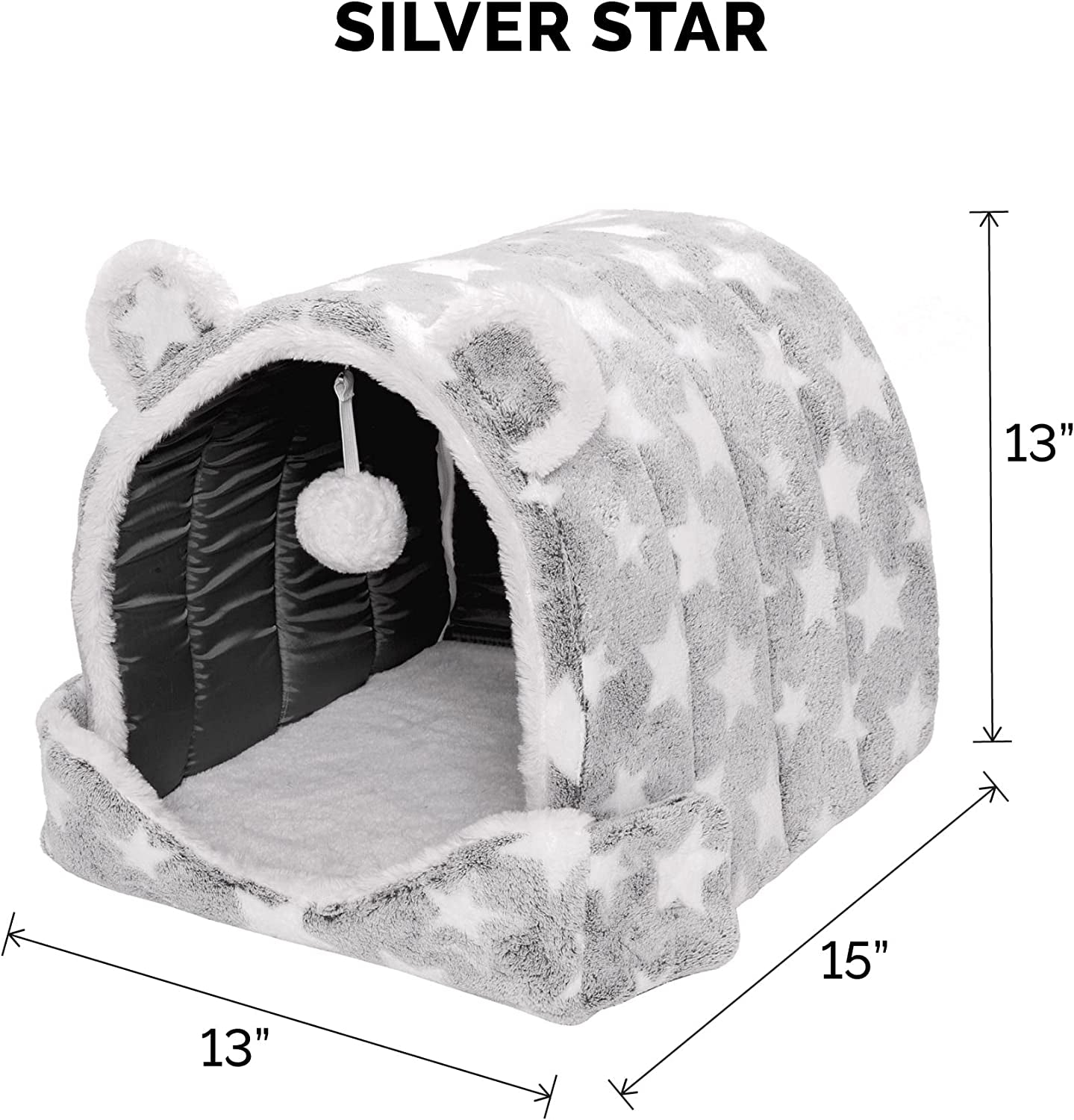 Cozy Cat Bed Cave for Indoor Cats & Small Dogs - Washable, Foldable with Plush Ball Toy - Pet Tent with Silver Stars Design (Size: Small)