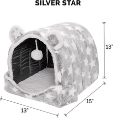 Cozy Cat Bed Cave for Indoor Cats & Small Dogs - Washable, Foldable with Plush Ball Toy - Pet Tent with Silver Stars Design (Size: Small)