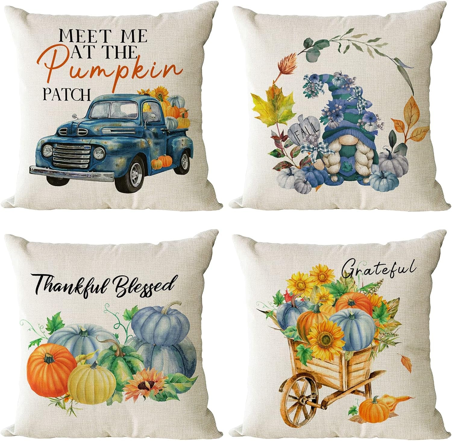 Fall Pillow Covers 16X16 Set of 4 Thanksgiving Autumn Decorative Pillow Covers Blue Fall Pumpkin Gnome Truck Cushion Covers Pillow Cases for Home Outdoor Couch Sofa Decorations (16 Inch)