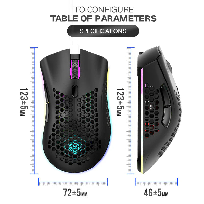 Ultralight Rechargeable Optical Cordless Gaming Mouse, RGB Backlit - 2.4G Wireless, Ergonomic - for PC & Mac